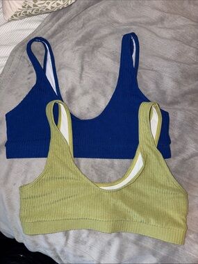 SHEIN Ribbed Scoop Neck Bikini Tops - Blue & Olive